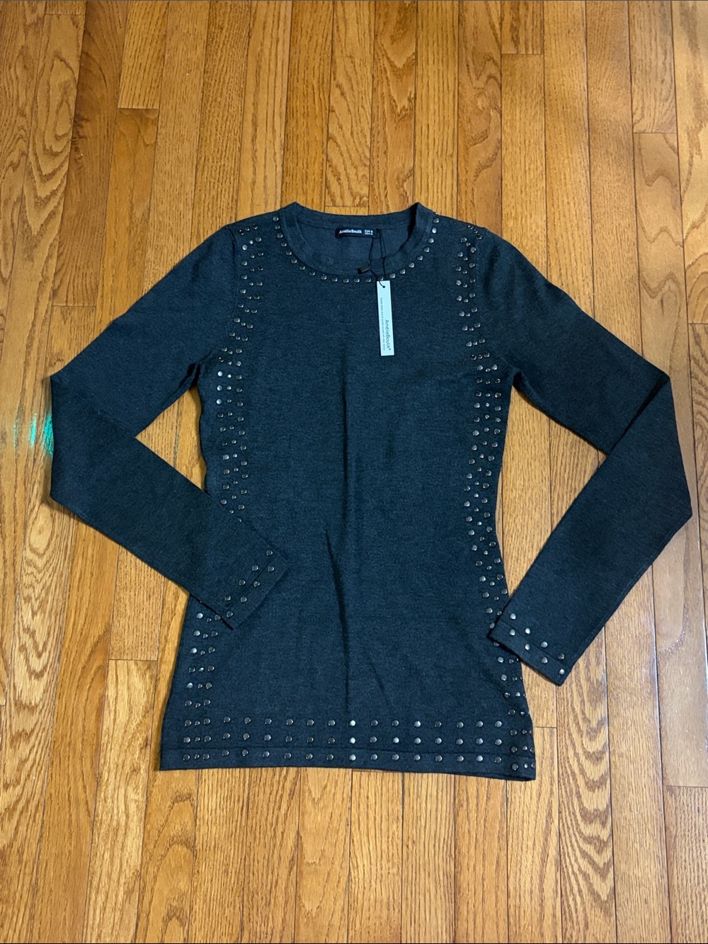 Stud-Trim Black Long-Sleeve Knit Top